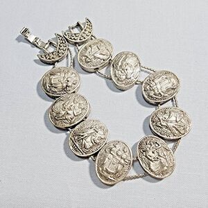 Vintage Silver Tone Greek Roman Medallion Bracelet Dark Academia Statement 7"